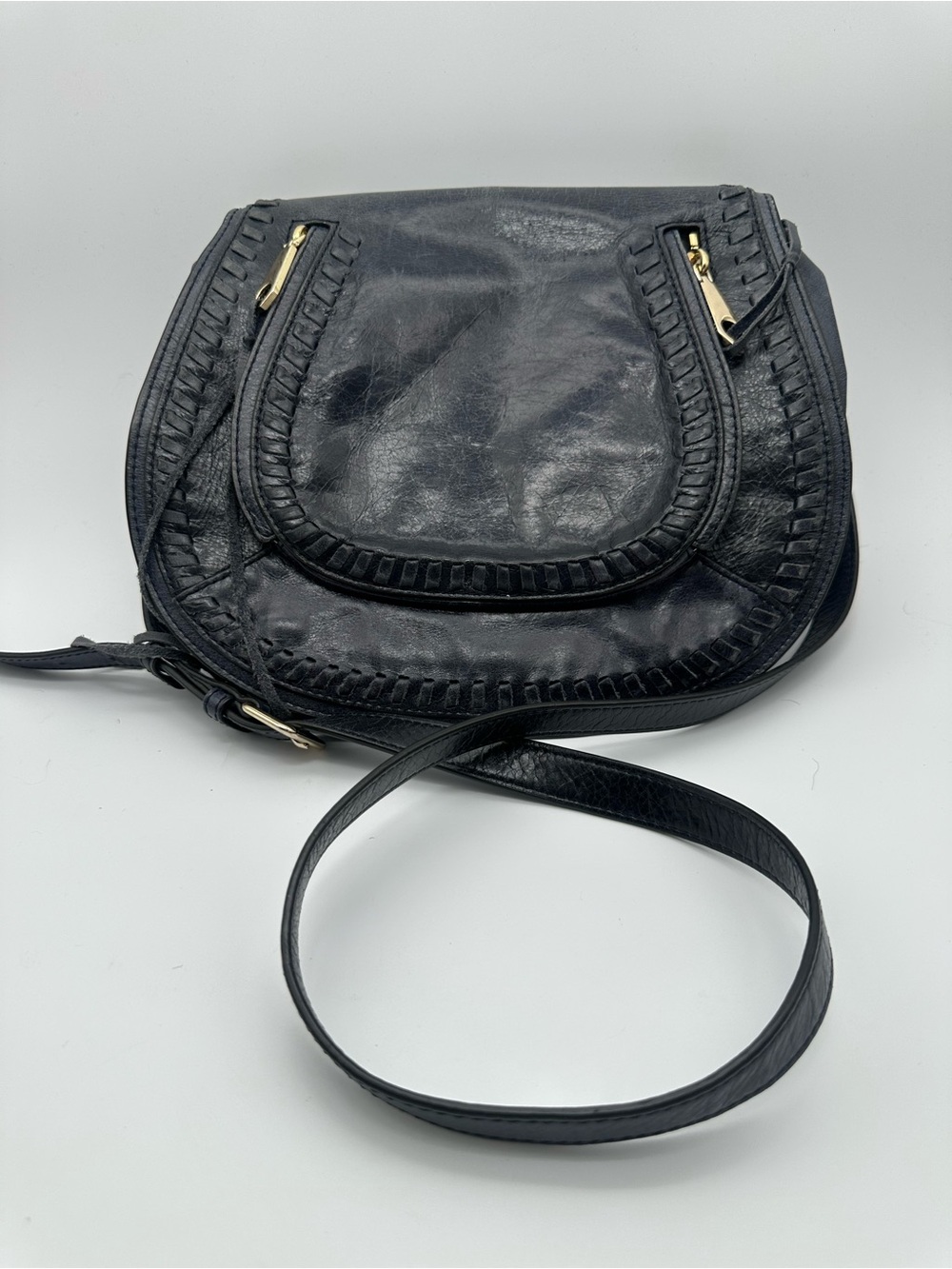 Rebecca Minkoff Vanity Black Leather Whipstitch Saddle Crossbody Bag